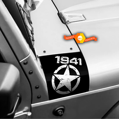 Paire Jeep 1941 Wrangler Distressed Star Black Ops Oscar Mike Hood Autocollants en vinyle Ensemble complet Autocollant
