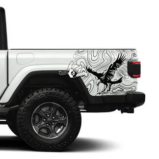 Autocollants en vinyle pour Jeep Gladiator, chauve américain avec carte topographique, côté lit
