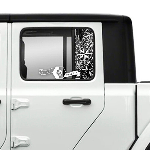 Paire de Jeep Gladiator Side Door Window Compass Carte topographique Topo Autocollants Décalcomanies Vinyl Graphics Stripe
