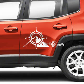 Paire Jeep Renegade Portes Côté Montagnes Graphique Boussole Vinyle Autocollant Autocollant Rayure
