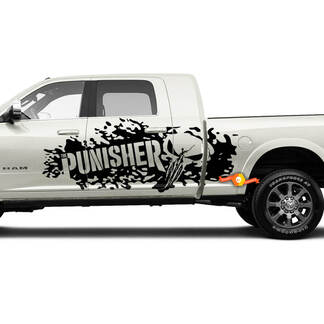 Paire Dodge Ram Portes latérales Lit détruit Punisher Skull Truck Vinyl Decal Graphic

