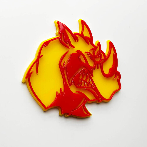 Badge logo 3D Rhino Angry - Emblème de garde-boue personnalisé pour voitures, camions et SUV Rouge vs Jaune
