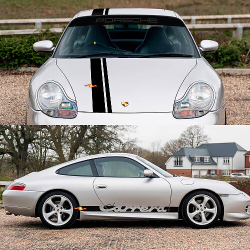 Porsche 911 Carrera Dual Central Stripes Retro Retro Hood Side Windshield Decal Sticker Kit

