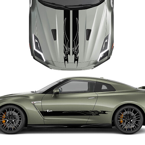 Hood and Sides Double Tribal Graphics Stripes Decal Kit pour Nissan GT-R
