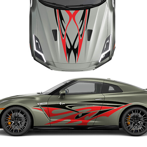 Hood and Sides Dual Tribal Tattoo Graphics Stripes Decal Kit pour Nissan GT-R 3
