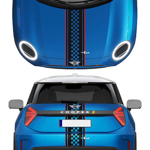 Hotte et bandes à carreaux arrière mini autocollant de décalcomanie graphique en vinyle pour mini pour Mini Cooper S
