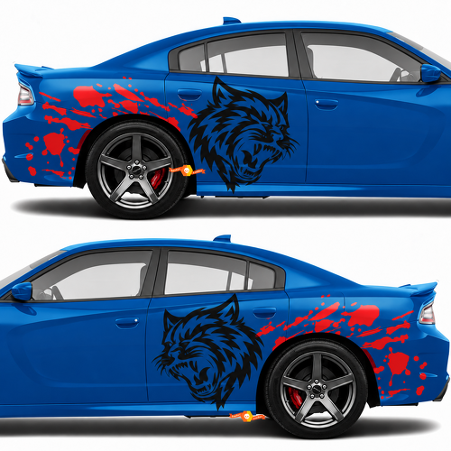 Custom Cat Head Red Blood Splash Pair Autocollant vinyle côté et aile arrière pour Dodge Challenger