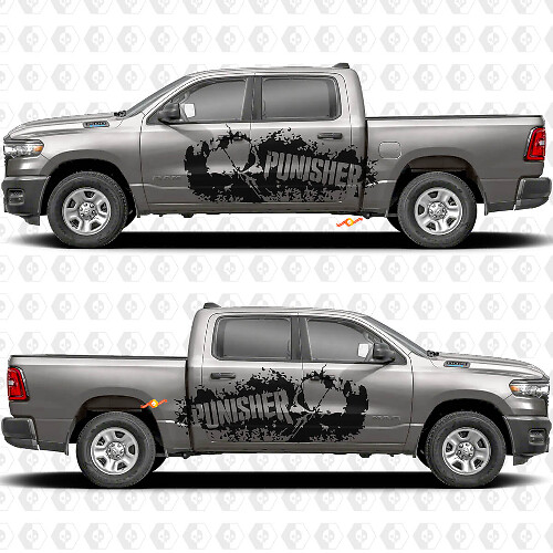 Autocollant Décalcomanie Latérale en Vinyle Éclaboussures de Boue Tête de Mort Punisher pour Dodge Ram 1500