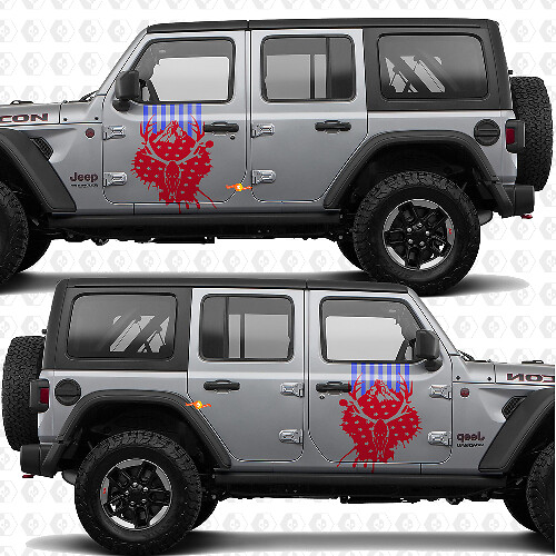 Sticker autocollant en vinyle rayé drapeau US crâne de cerf portes latérales compatible Jeep Wrangler 1