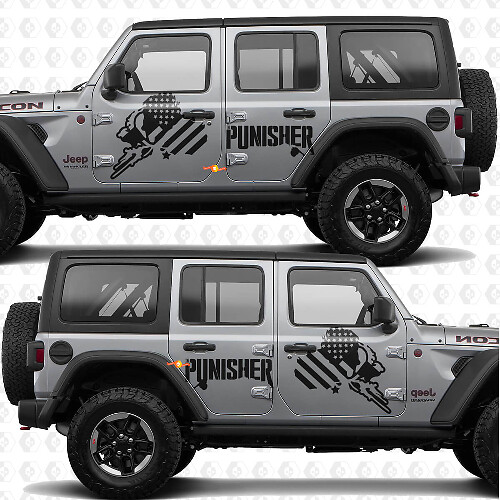 Autocollant en vinyle à rayures drapeau américain Punisher pour portes latérales adapté au Jeep Wrangler 1