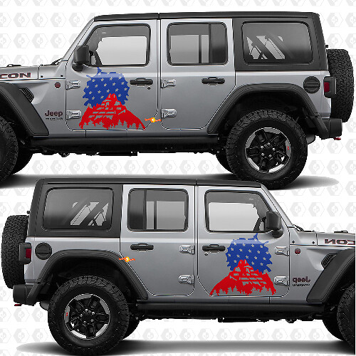 Autocollant vinyle bandes portes latérales drapeau américain coucher de soleil montagnes Compatible Jeep Wrangler 1