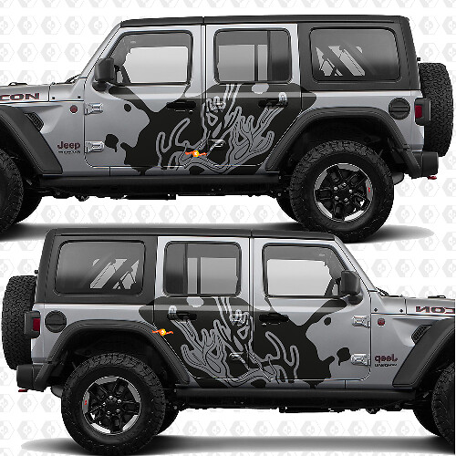 Sticker décalcomanie en vinyle silhouette de bois de cerf côté portes avec éclaboussures compatible Jeep Wrangler