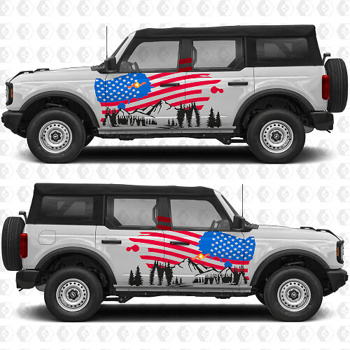 Kit d'autocollants en vinyle pour portes latérales avec drapeau des USA et montagnes pour muscle car cheval