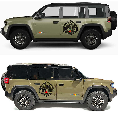 Autocollant en vinyle Overland Campfire Forêt et Montagnes pour Portes Latérales Jeep Recon 1