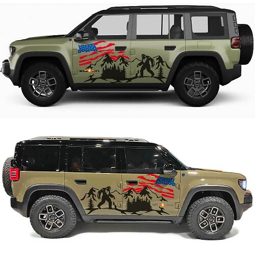 Autocollant vinyle Bigfoot Drapeau US usé avec montagnes pour portes latérales Jeep Recon 1