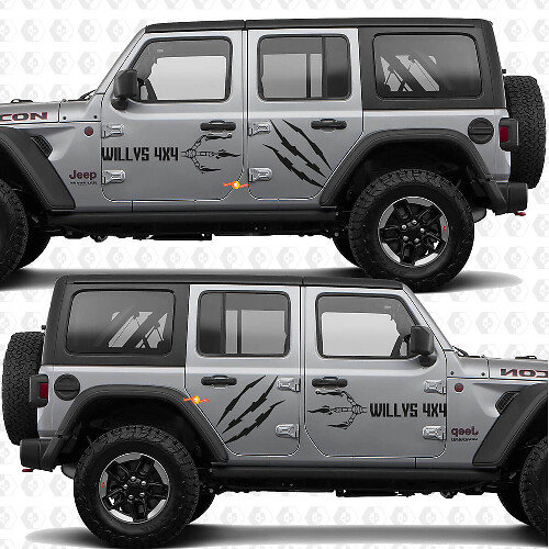 Autocollant vinyle 4x4 Empreintes de griffes Willys pour portes latérales compatible Jeep Wrangler 1