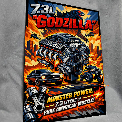 Panneau d'art mural de garage en acrylique brillant 7,3L Godzilla Monster Power #2