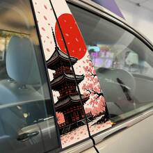 Autocollant en vinyle portes pilier pétales de sakura coucher de soleil temple japonais 2