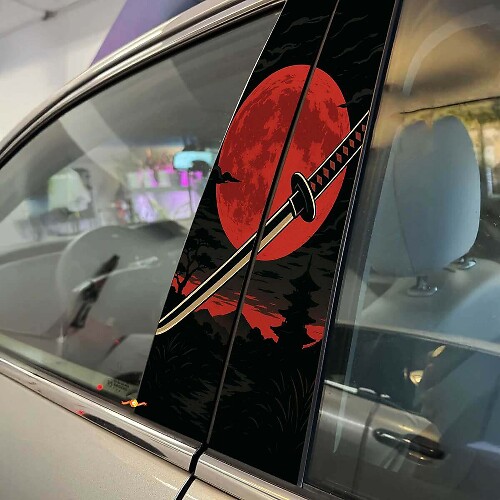 Kit d'autocollants en vinyle pour montant de porte de voiture Katana Japonaise Lune Rouge
