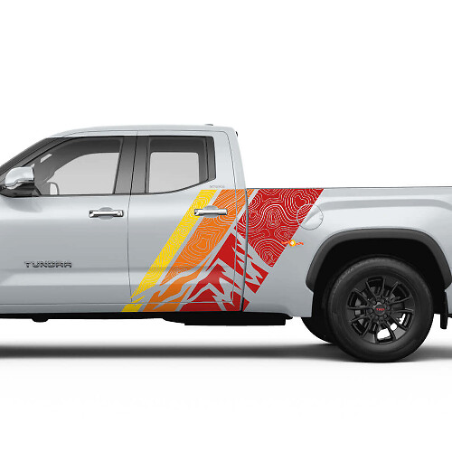 Autocollants Vinyle Latéraux Arrière Porte Style Topographique Montagnes Vintage Pour Toyota Tundra CrewMax