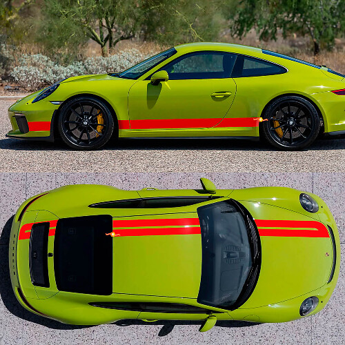 Kit de décalcomanies en vinyle à doubles bandes de course pour côtés, capot, toit et coffre Porsche 718 Cayman Boxster