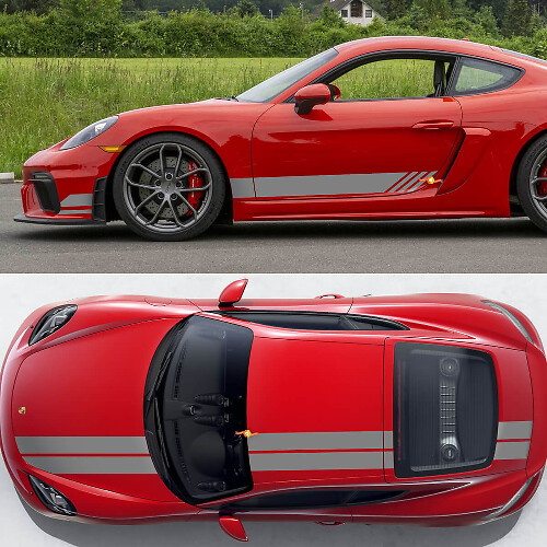 Kit de stickers vinyle à double bande de course sur les côtés, capot, toit et coffre pour Porsche 718 Cayman GT4