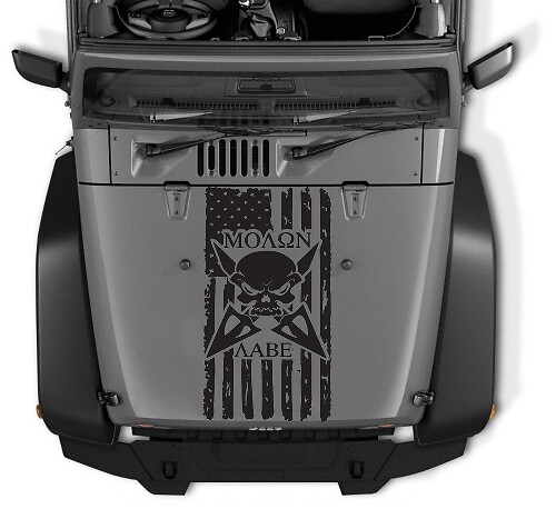 Autocollant Vinyle Capuche Crâne Drapeau Américain Vieilli Molon Labe pour Jeep Wrangler