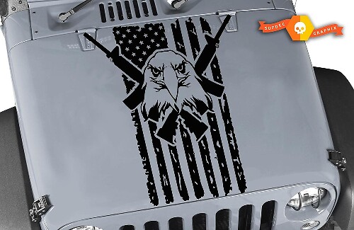 Autocollant vinyle capot Eagle chauve drapeau USA usé avec fusils croisés pour Jeep Wrangler