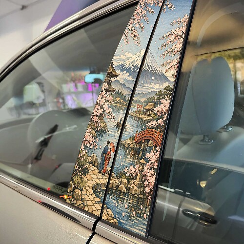 Autocollant vinyle portes pilier Mont Fuji avec fleurs de cerisier