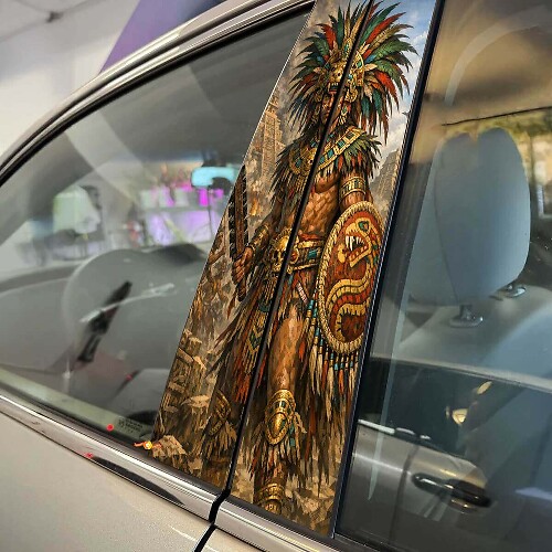 Ensemble d'autocollants en vinyle pour montant de porte de voiture Guerrier Aztèque