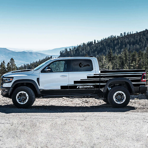 Ensemble d'autocollants vinyle bandes latérales style Steps pour Dodge Ram Rebel 2021+