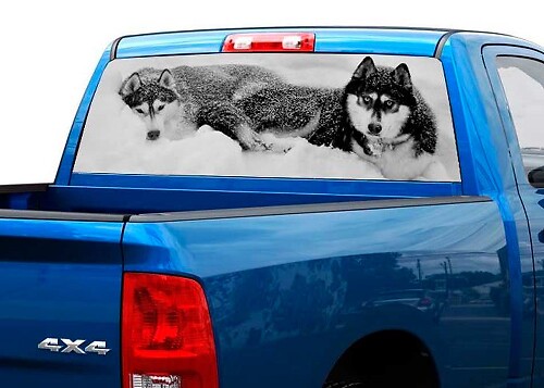 Autocollant en vinyle Deux Loups dans la Neige pour lunette arrière