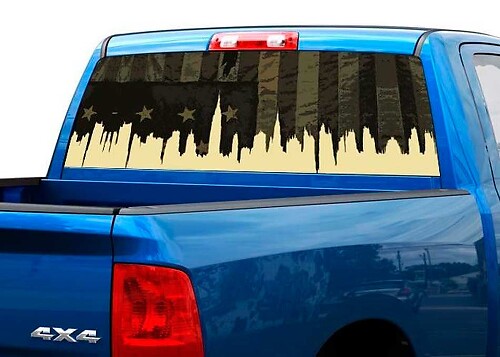 Décalcomanie de fenêtre arrière avec drapeau des États-Unis et silhouette de ville pour camionnette