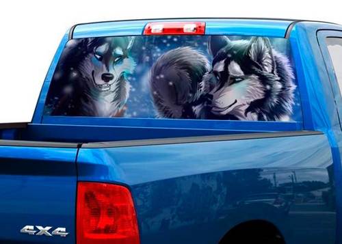 Dessin deux loups arrière fenêtre autocollant autocollant camionnette SUV voiture