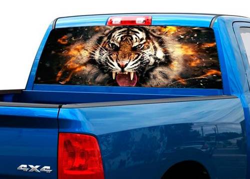 Tigre en flamme arrière fenêtre graphique autocollant autocollant camion SUV vinyle perforé