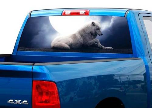 Loup blanc avec lune nuit sombre arrière fenêtre autocollant autocollant camionnette SUV voiture