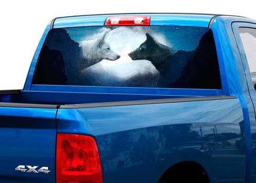 Loup noir et blanc sur la lune Autocollant de fenêtre arrière Pick-up Truck SUV 2