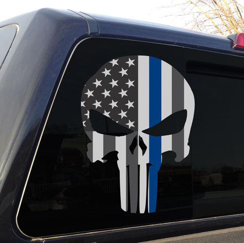 Punisher Skull Police fine ligne bleue drapeau américain autocollant autocollant graphique