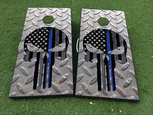 Ensemble d'autocollants adhésifs pour planche de cornhole en acier motif drapeau USA ligne bleue style Punisher