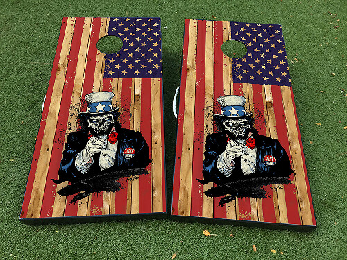 Ensemble de décalcomanies en vinyle pour planche de cornhole drapeau américain Oncle Sam squelette