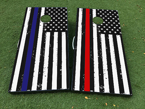 Ensemble de décalques d'autocollants pour planche de cornhole avec drapeau américain usé, ligne bleue et rouge fine