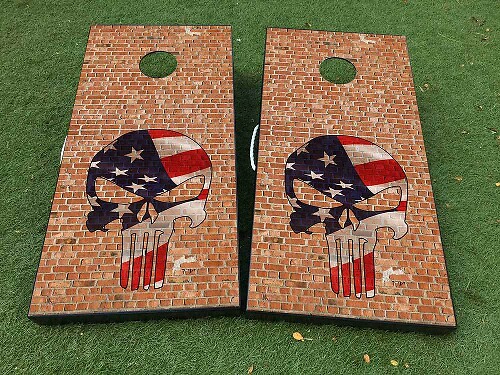 Jeu de Cornhole Crâne Drapeau USA Style Punisher Motif Brique Autocollant Vinyle Set