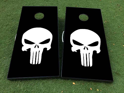 Ensemble d'autocollants vinyle pour planche de cornhole style crâne Punisher en noir et blanc