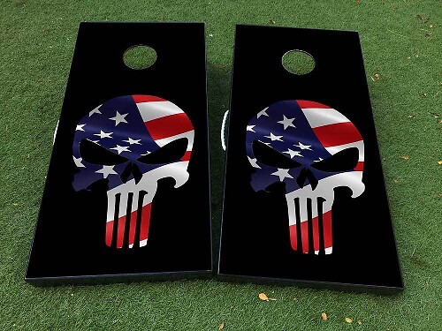 Ensemble d'autocollants vinyles pour planche Cornhole avec crâne style Punisher et drapeau des États-Unis