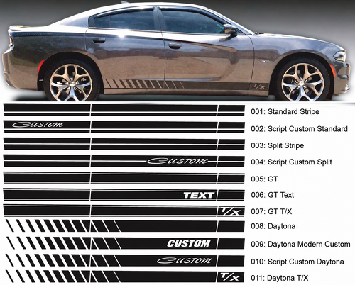 Daytona GT Style CUSTOM TEXT T/X Script Stripe Set — Autocollant vinyle (côté, bas de caisse) pour Dodge Charger 2006-2020