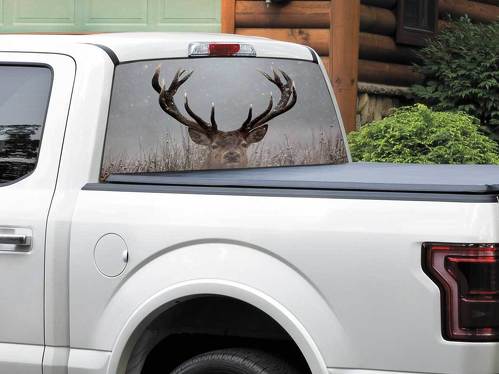 Tête de cerf en hiver nature arrière fenêtre autocollant autocollant Pick-up camion SUV voiture n’importe quelle taille