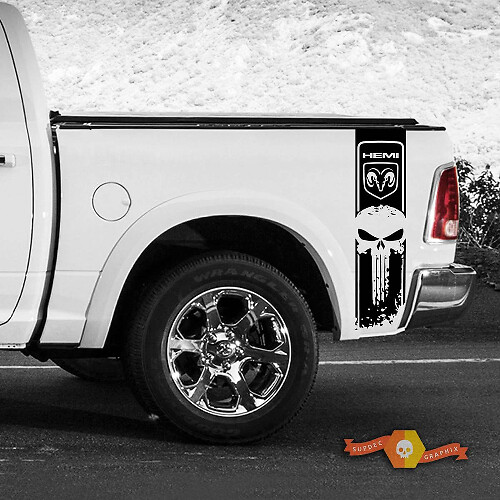 Autocollant en vinyle à rayures latérales style crâne Punisher Hemi pour Dodge Ram 1500-3500