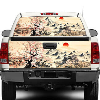 Peinture traditionnelle japonaise Sumie Sakura, autocollant pour fenêtre arrière ou hayon, camion pick-up, voiture SUV
