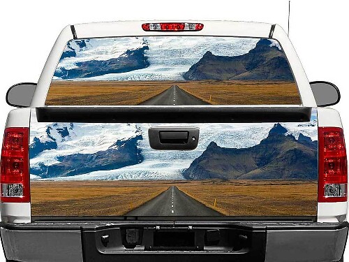 Autocollant en vinyle pour lunette arrière ou hayon Road To The Mountains pour pick-up et SUV