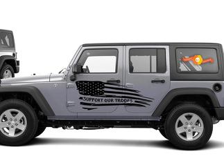 Supportez nos troupes drapeau ondulé graphique autocollant corps latéral pour Jeep Wrangler USA